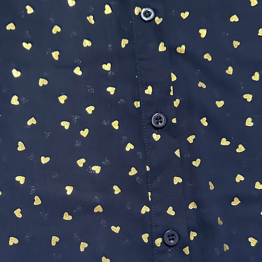 Aqua Navy Button Down Sheet Long-sleeve Shirt with Gold Foil Heart Print - Picture 11 of 11